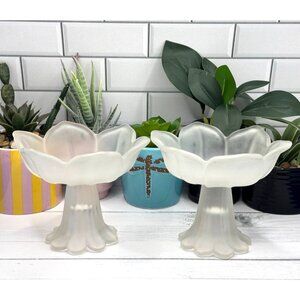 Frosted Glass Lotus Flower Candle Holders/Pedestal Bowls Set Of 2